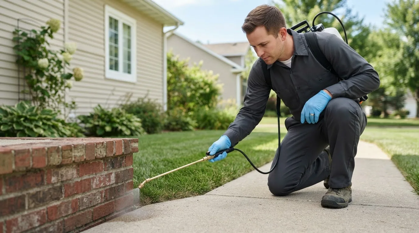 Pest control technician treating a home near Fowlerton, TX