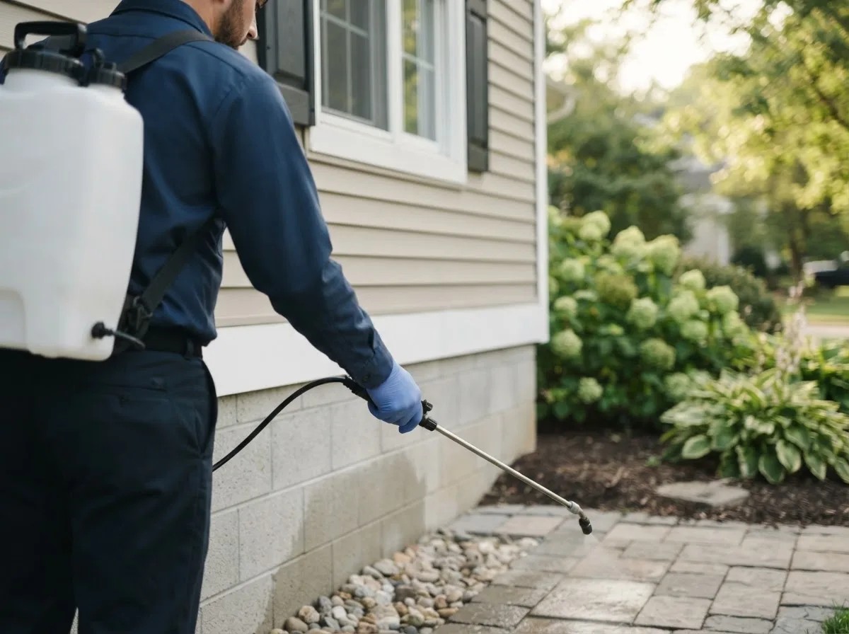 Pest control technician inspecting a home in Fowlerton, TX